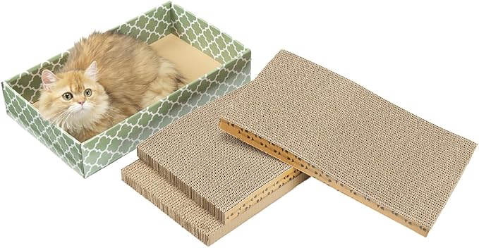 MECOOL Cat Scratching Board,3PC Scratch Pad with Box,Reversible Corrugated Scratcher Cardboard and Lounge Bed for Indoor Cats, Catnip