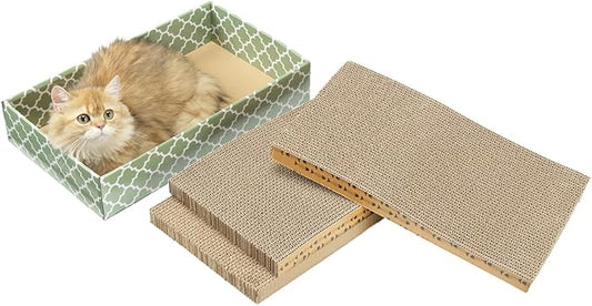 MECOOL Cat Scratching Board,3PC Scratch Pad with Box,Reversible Corrugated Scratcher Cardboard and Lounge Bed for Indoor Cats, Catnip