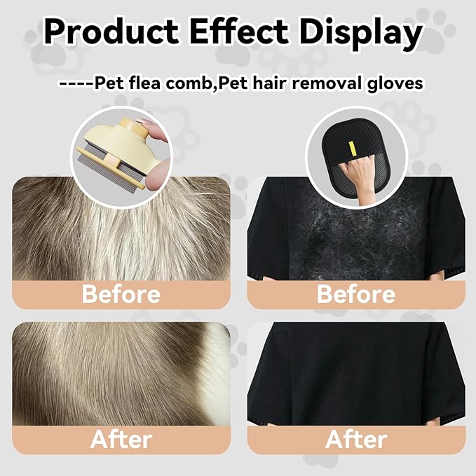 2 Pet Hair Removal Gloves, 2 Flea Combs for Cats and Dog,Reusable Electrostatic Gloves and Long & Short Flea Combs, 4 PCS pet hair removal tools