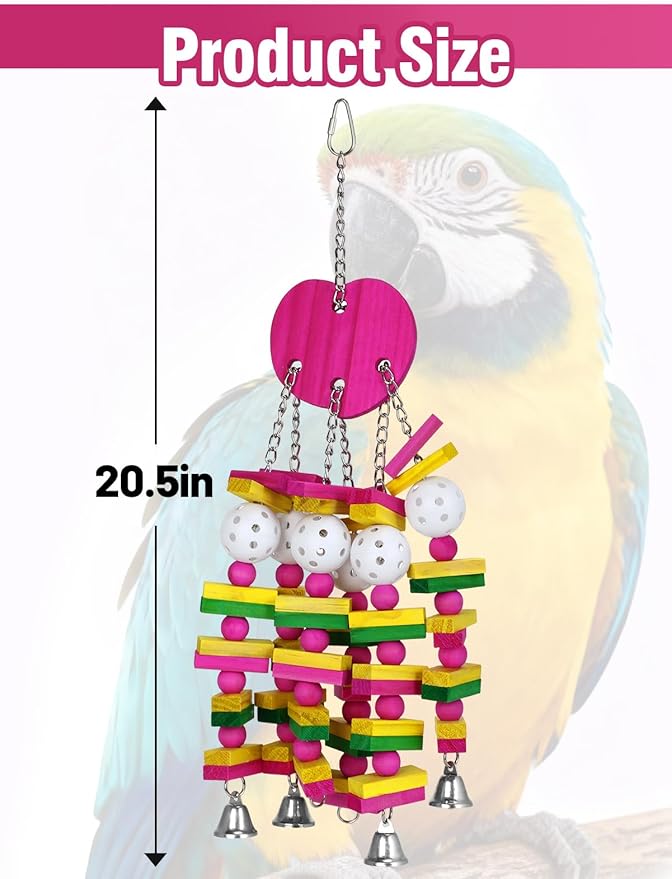 MEWTOGO Bird Toys - Edible Parrots Cage Chew Toy Gift with Bells and Safe Colorful Wood Blocks Beads for Macaws African Grey and Amazon Parrots (Peach Style)