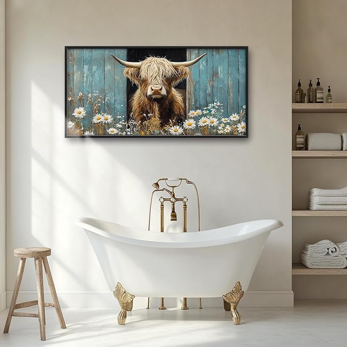 Large Farmhouse Highland Cow Country Wall Art for Living Room, Floral Canvas Oversized Wall Decor, Daisy Flower Animal Framed Pictures Painting Print Artwork for Bedroom Office 60"L x 30"W