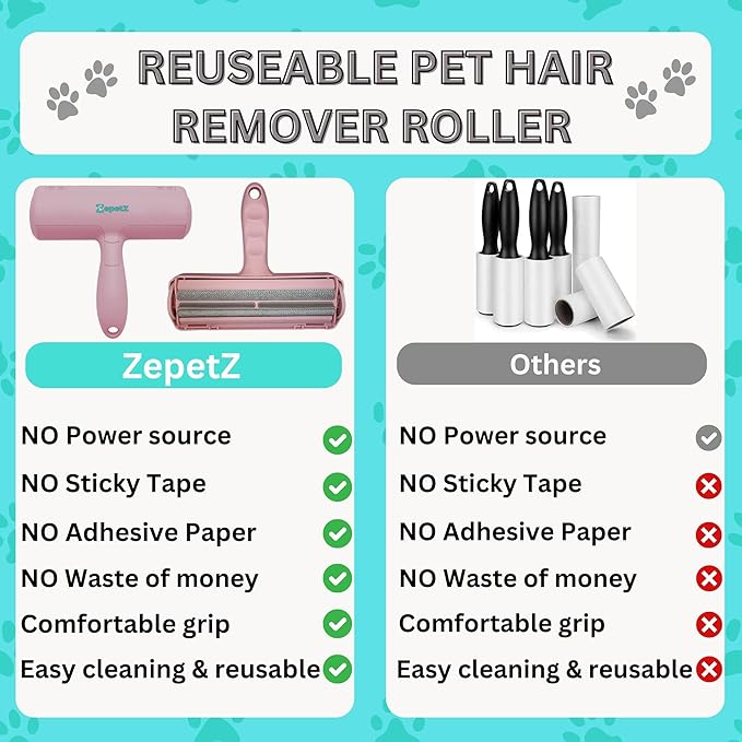 Pet Hair Removal Tool โ Reusable Lint Roller for Dogs & Cats โ Self-Cleaning Fur Remover Brush โ Ergonomic Lint Roller for Carpet, Bedding, Couch, Car Seat & More (Pink)