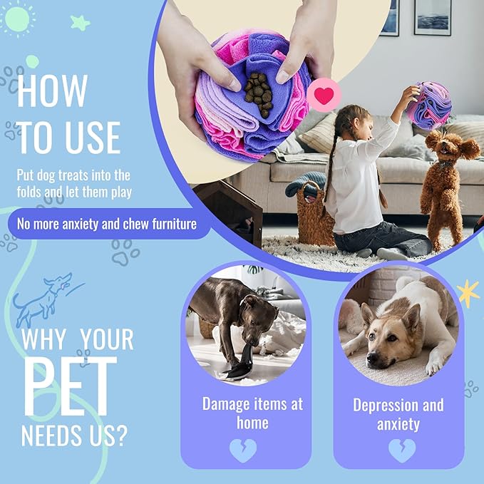 Pet Snuffle Ball, Puzzle Sniffing Interactive Dog Ball for Blind Dogs Training Stress Relief Dog Enrichment Toys Treat Machine Washable (Pink and Purple, 10cm)