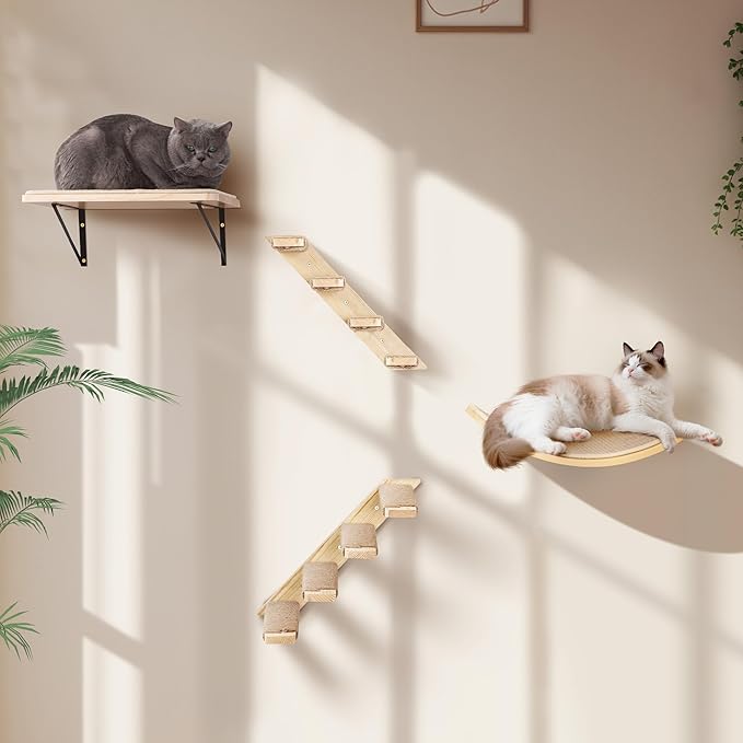 Wood Cat Wall Bed with Sisal Mat – Curved Cats Shelf for Scratching and Sleeping, Wall Mounted Cat Furniture for Large Cats