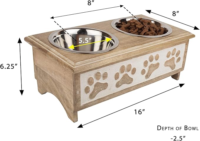 GoCraft Raised Dog Bowls for Small Dogs – Whitewashed Wooden Elevated Feeder Stand in Modern Farmhouse Style with 2 Stainless Steel Bowls for Pet Food & Water