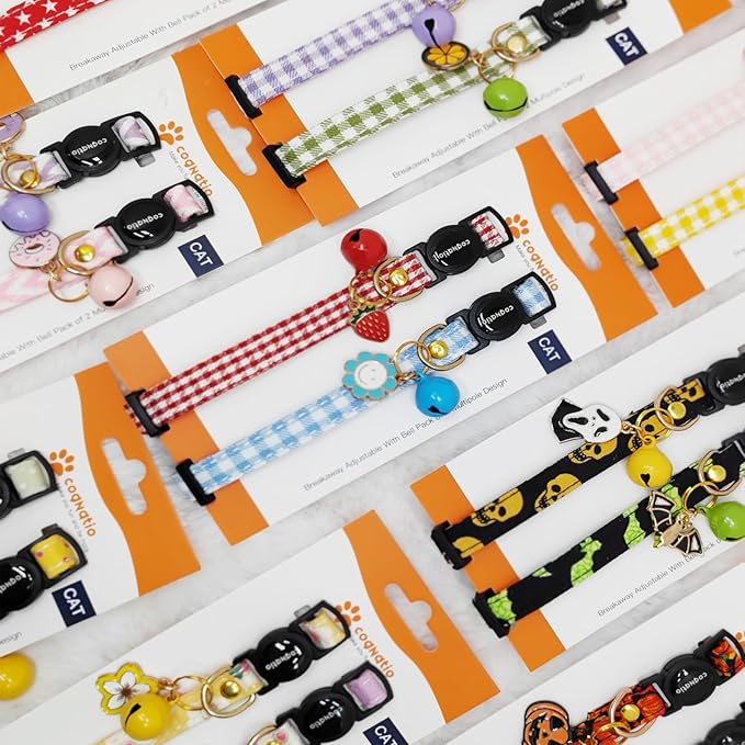 2 Pack Cotton Breakaway cat Collars with Bell,Safety Quick Release Pendant Cute Kitten Collar,Adjustable 20-30cm (Lilac+Lemon, 20-30cm)