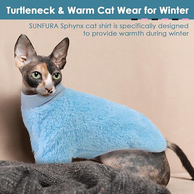 SUNFURA Sphynx Cat Sweater, Hairless Cats Turtleneck Pullover Kitten Sweaters for Cats Only, Warm and Soft Cat Pajamas Shirt with Sleeves Pet Winter Clothes Fleece Jumpsuit for Puppy, Blue S