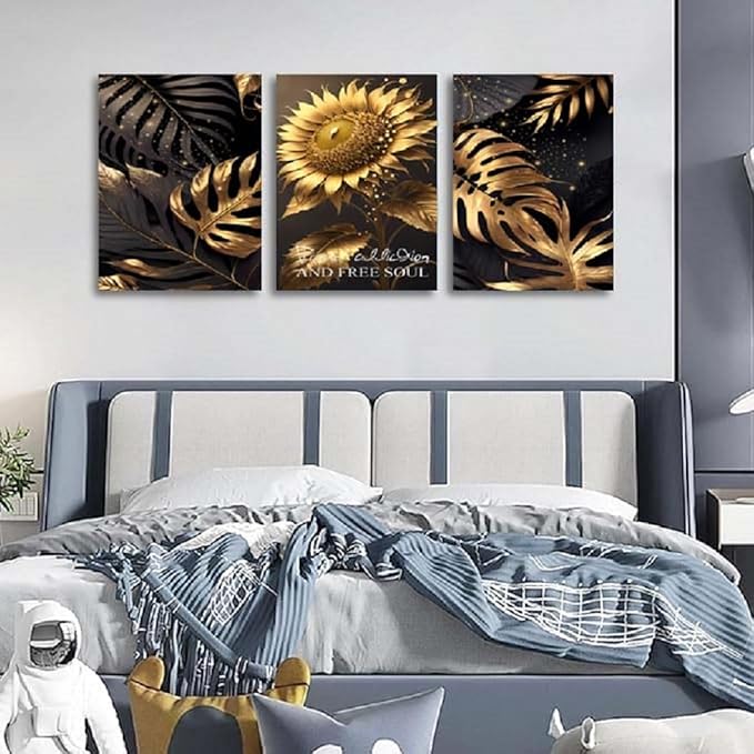 Yxbhhym Bathroom Wall Art Décor Black and Gold Leaf Poster Art Prints Sunflower Canvas Wall Art Paintings Flower Wall Pictures for living room Hallway Décor office Bedroom Decorations