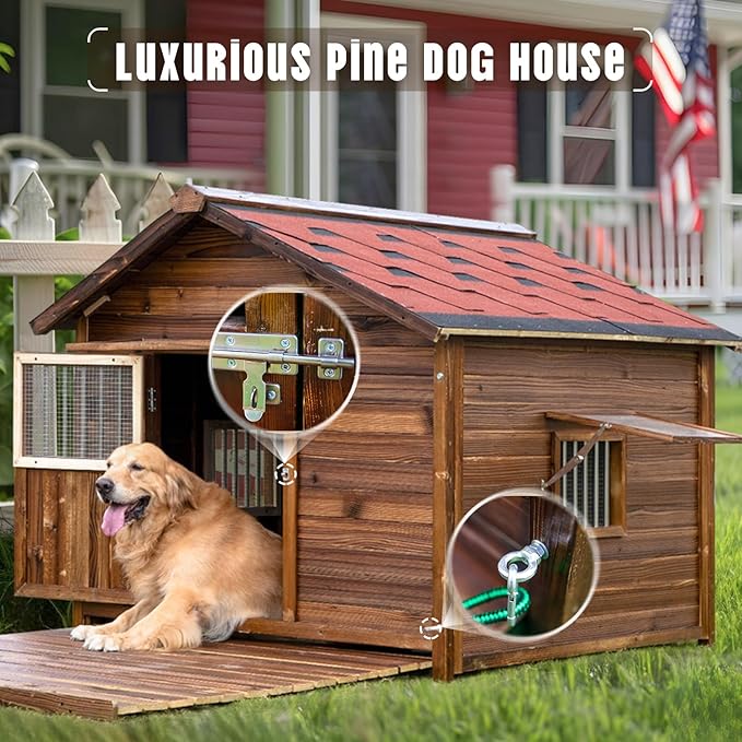 Extra Large Dog House Outdoor Made of Solid Pine Wood, Warm Doghouse, Dog House with Elevated Floor for Large Dogs, (Wood, 6XL)