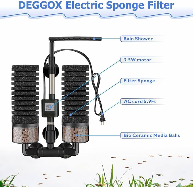 Upgrade Aquarium Electric Power Sponge Filter with Submersible Pump ,Ultra-Quiet Motor with Bio Ceramic Media Balls and 2 Spare Sponge (L for 20-55 Gal)
