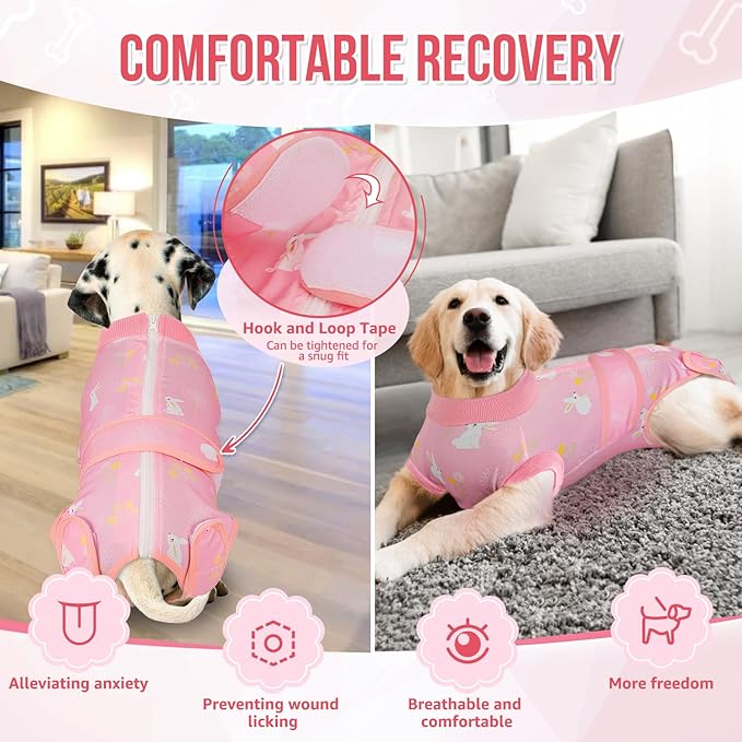 Lukovee Recovery Suit for Dogs, Zipper On Recovery Suit for Female Male Dog, Onesie Abdominal Wounds Cone E-Collar Alternative Prevent Licking Spay Recovery Suit (S,PI)