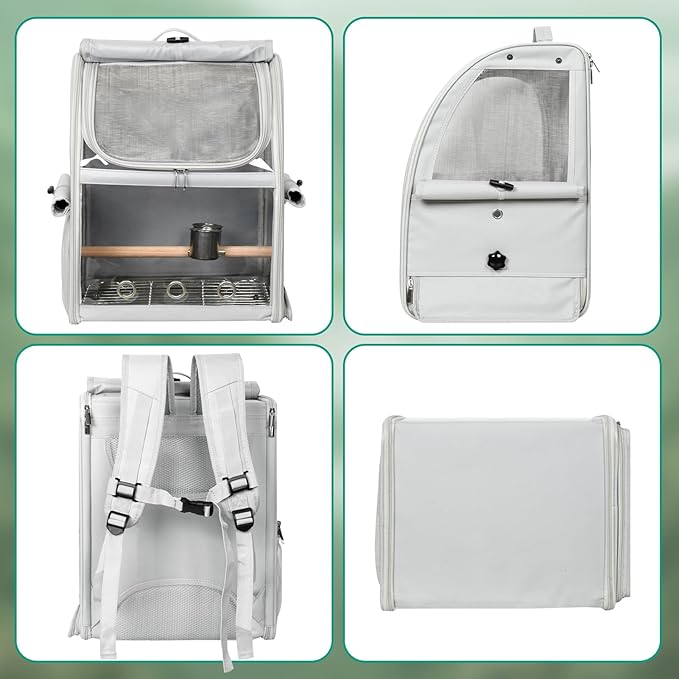 Bird Carrier Bag, Bird Travel Cage with Standing Perch and Indestructible Stainless Steel Mesh, Protable Transparent Breathable Carrier with Feeder Cups for Small Birds Parrot Parakeet, Grey