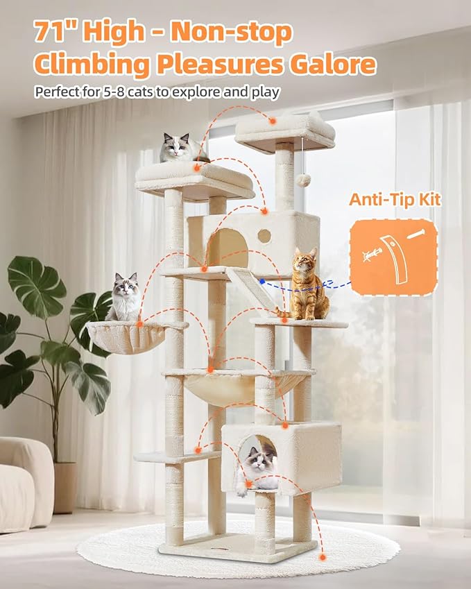 Taoqimiao Cat Tree 71-Inch, Cat Tower for Indoor Cats Large Adult, Multi-Level Large Cat Condo, 8 Sisal Scratching Posts, Metal Frame Cozy Hammock, Scratch Board, 2 Top Perches, Beige MS026LM