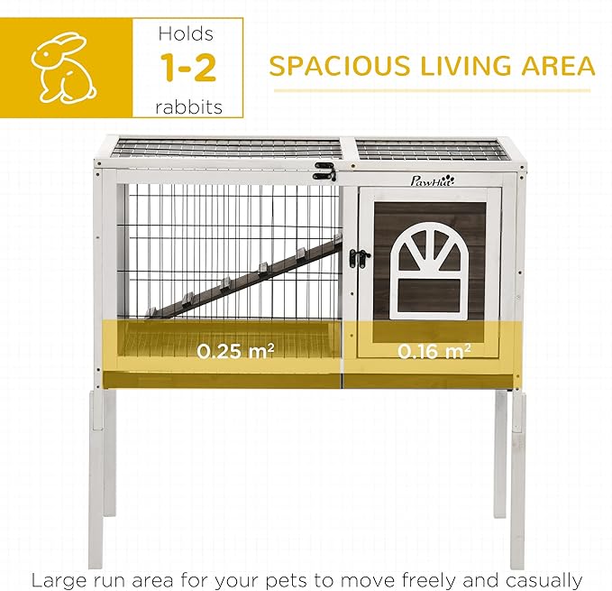 PawHut Wooden Rabbit Hutch, Indoor Elevated Guinea Pig Cage with Run, Ladder, Lockable Doors and Removable Tray, Coffee