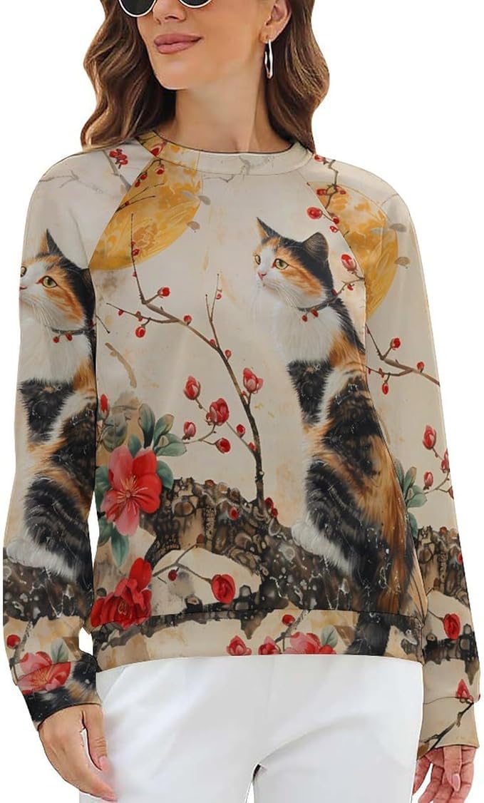 Womens Long Sleeve Tops Y2k Japanese Art Print Sweatshirts Fall Pullover for Women Crewneck Vintage Shirts Boho Tops
