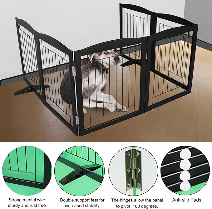 ZJSF Freestanding Dog Fence Indoor, Foldable Dog Gate for Doorways, Stairs or Hallways, Sturdy Wood Extra Wide Pet Gate with Support Feet for The House, Black, 32 "Height-6 Panels