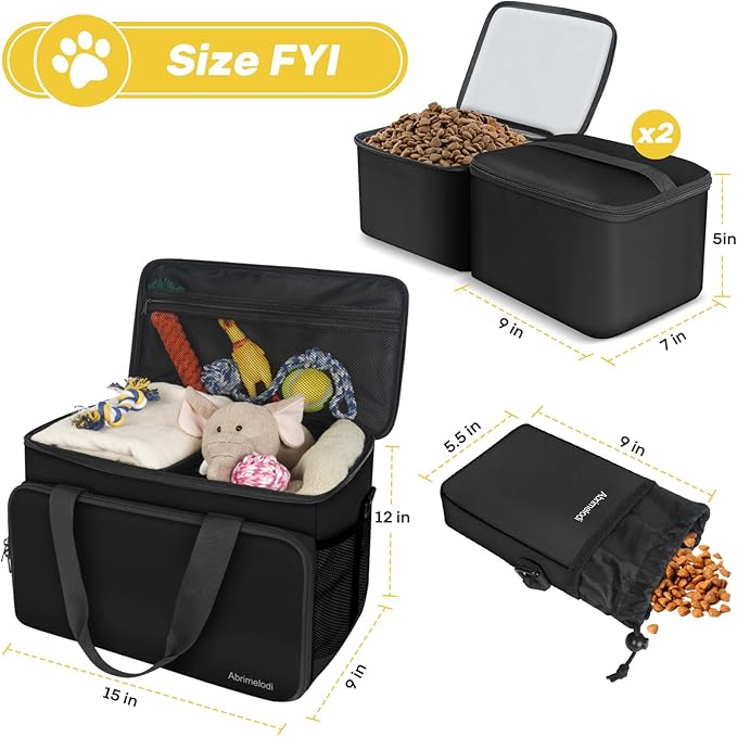 6 Set Dog Travel Bag, Large Pet Supplies for Dogs, Includes 2 Collapsible Dog Bowls, 2 Food Containers, 1 Treat Pouch with Pet Travel Bag, Black
