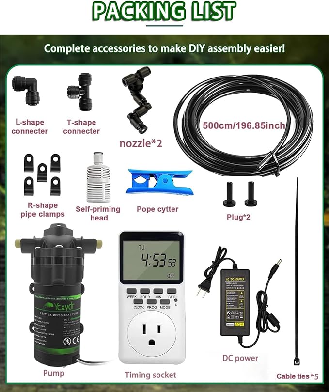 Automatic Reptile Mister System, Misting System with Timer, Reptile Humidifiers Quiet Pump Expandable to 10 Fine Mist Nozzles, Terrarium Mister with Programmable Timer Accurate to The Second