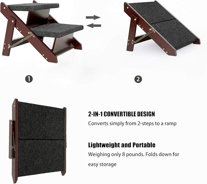 MEWANG Wooden Pet Stairs/Pet Steps - 2-in-1 Foldable Stairs & Ramp for Beds and Cars - Portable Dog/Cat Ladder Up to 110 Pounds