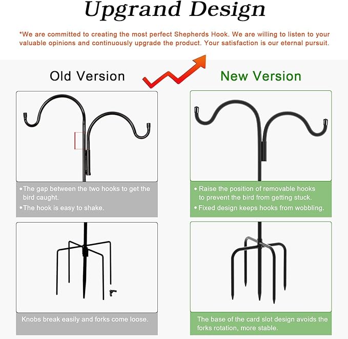 Gtongoko Double Shepherds Hook for Outdoor, 76 Inch Bird Feeder Pole with 5 Prongs Base, 5/8 Inch Thick Heavy Duty Adjustable Garden Hook for Hanging Plant, Lantern, Hummingbird Feeder, 1 Pack