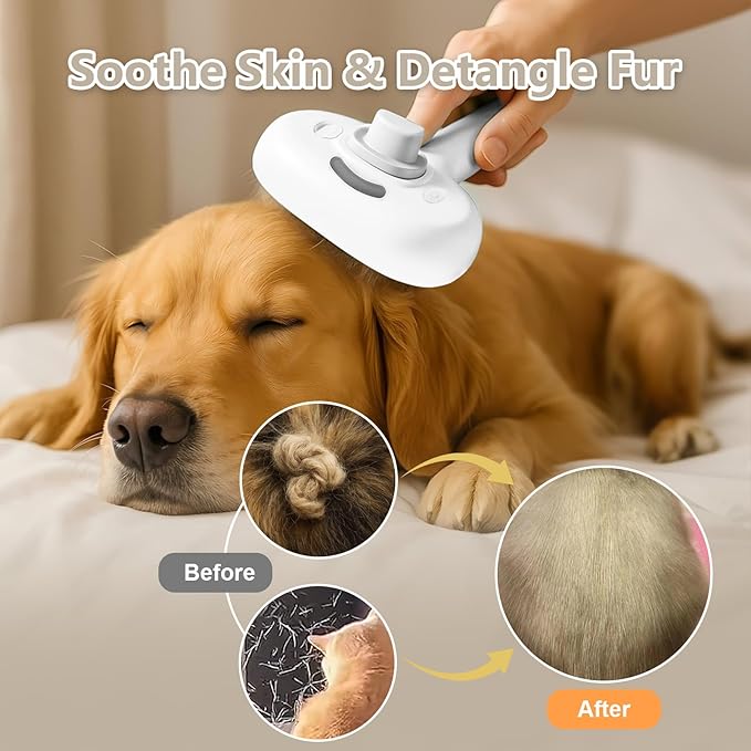 3-in-1 Pet Steam Brush with Self-Cleaning & Cool Mist – Portable Grooming Tool for Cats & Dogs, Long-Lasting Shedding Control & Detangling, Refillable Water Tank & Fast Charging