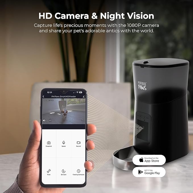 Smart HD Cat Feeder, 2 Way Audio + Voice Recording, Automatic Feeder for Dog with 1080p Night Vision Camera, WiFi App Controlled, Battery Backup, Anti Jam 6L Upto 15 Daily Meals, Black Stainless