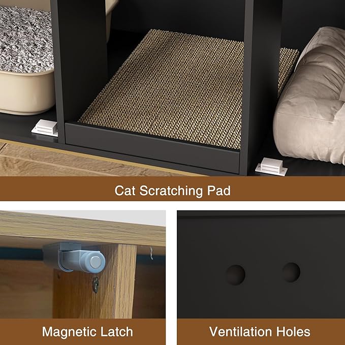 Litter Box Enclosure for 2 Cats, Fluted Hidden Cat Litter Box Furniture with Scratch Pad and Metal Legs, Modern Double Room Kitty House for Living Room, Washroom, 47.2”L x 17.7”W x 25.9”H, Black