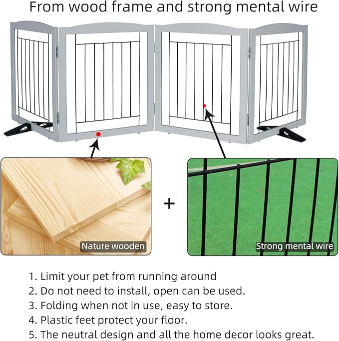 ZJSF Freestanding Dog Fence Indoor, Foldable Dog Gate for Doorways, Stairs or Hallways, Sturdy Wood Extra Wide Pet Gate with Support Feet for The House, Grey, 32 "Height-4 Panels