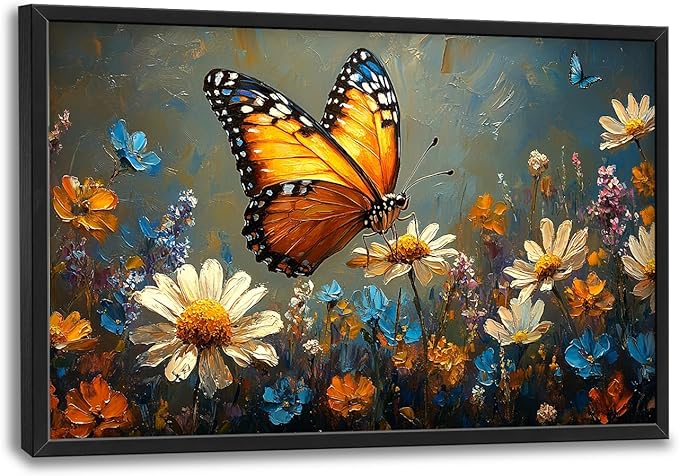 Large Butterfly Daisy Wall Art for Living Room, Floral Landscape Canvas Oversized Wall Decor, Flower Scenery Aesthetics Framed Pictures Painting Print Artwork for Bedroom Office 36"L x 24"W
