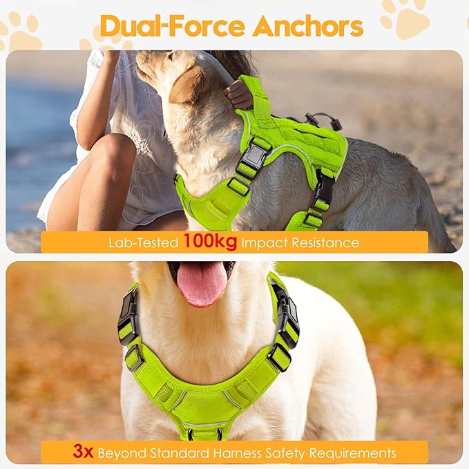 Heavy-Duty Tactical Dog Harness for Large Dogs, No Pull Adjustable Reflective Pet Vest with Molle System, K9 Military-Grade Control for Service Training, Outdoor & 10+ Breeds, Wild Lime, Medium