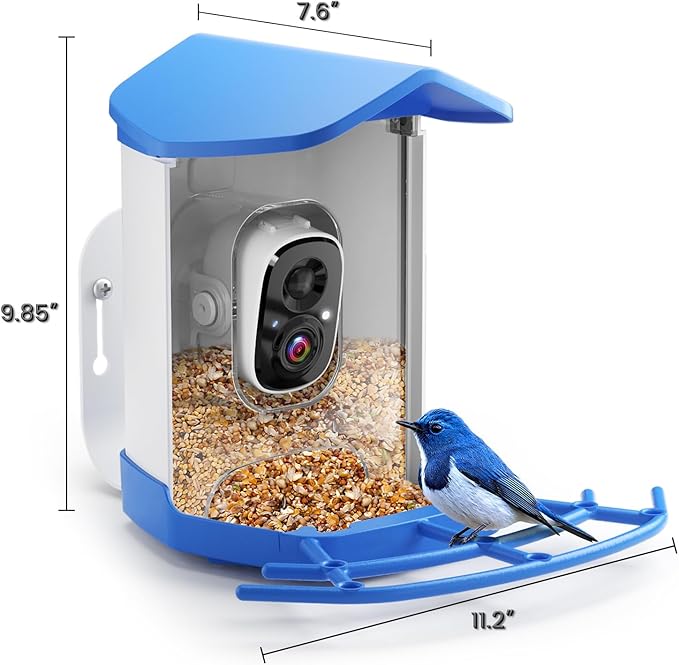 Smart Bird Feeder with Camera for Outdoors Solar Powered, 2.5K HD Video, AI Bird Species Identification, Instant Arrival Alerts, Wireless 2.4Ghz WiFi & Include 32GB SD Card, Ideal Gift (Blue)