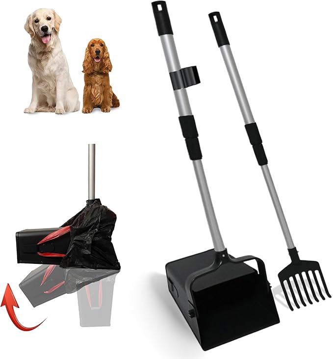Pooper Scooper Metal 38" Long Adjustable Handle Swivel Bin & Rake for Large & Small Dogs Non-Breakable Dog Poop Scooper Easy to Clean Pet Waste Use on Grass, with 20 Waste Bags