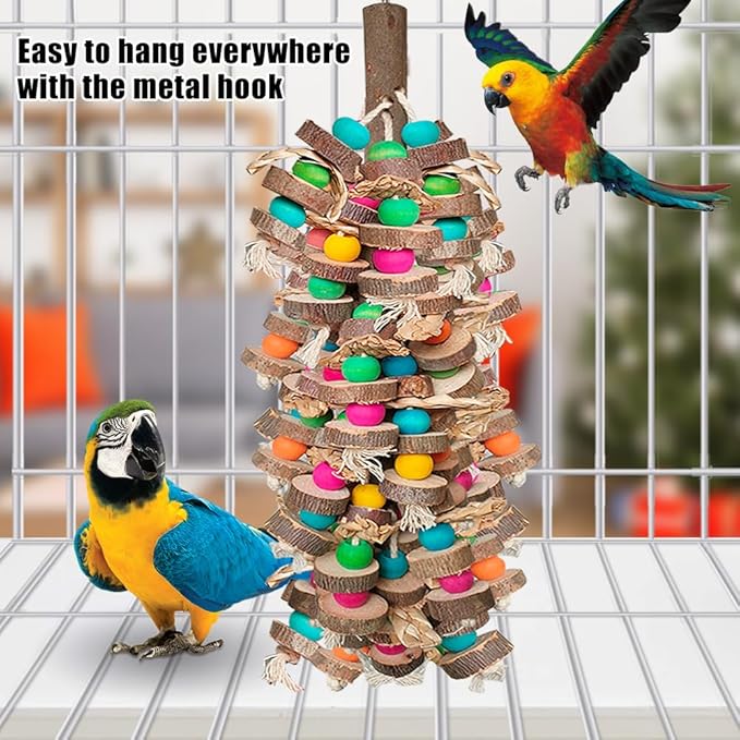 Large Bird Toys for Macaws, Multicolored Wooden Blocks Bird Chewing Toy Parrot Cage Bite Toy for Macaws Cokatoos African Grey and Large Medium Parrot Birds