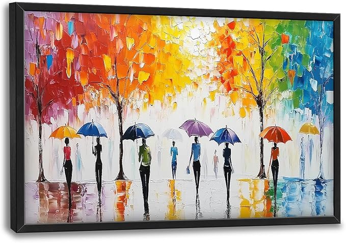Large Abstract Tree Wall Art for Living Room, Framed Oversized People with Colorful Umbrella Wall Decor Street Canvas Painting Modern Artwork for Living Room Bedroom Office Dining Room 36"x24"