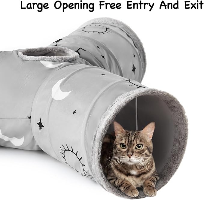 Tempcore Pet Cat Tunnel Tube Cat Toys 3 Way Collapsible, Cat Tunnels for Indoor Cats Fleece-Lined in for Warmth,Kitty Tunnel Bored Pet Toys Peek Hole Toy Ball Puppy, Kitten, Rabbit Gray Sun