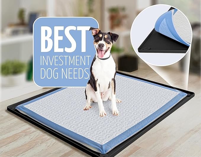 Skywin TidyFriend 2 Pk Pee Pad Holder Tray for 30” x 23” Pee Pads with Corner Lock Holes, Raised Edges, Non-Spill, Easy to Clean Silicone Dog Potty Tray Holder, for Indoor Floor Protection (Black)
