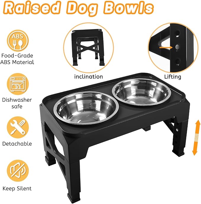 Hubulk Elevated Dog Bowls with 2 Stainless Steel Food & Water Raised Bowls with No Spill Edge Non-Slip Stand Adjusts to 5 Height(3.2", 8.77", 9.9",11.1", 12.3")for Small Medium Large Dog and Pet Black