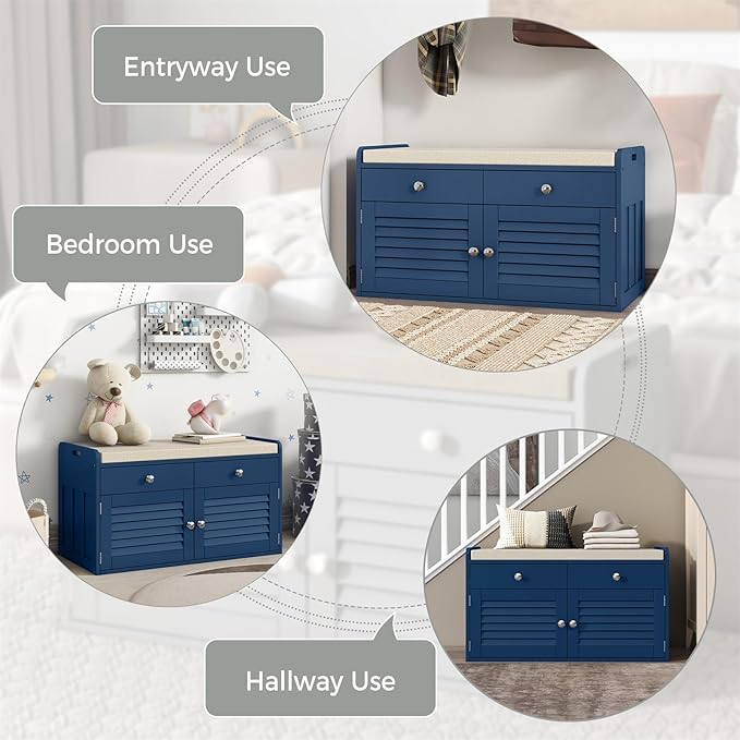 Shoe Storage Bench with 2 Drawers & 2 Doors, Entryway Bench with Cushion, 2 Adjustable Shelves, Shoe Cabinet for Entryway, Living Room, Hallway, Mudroom, Bedroom, Blue