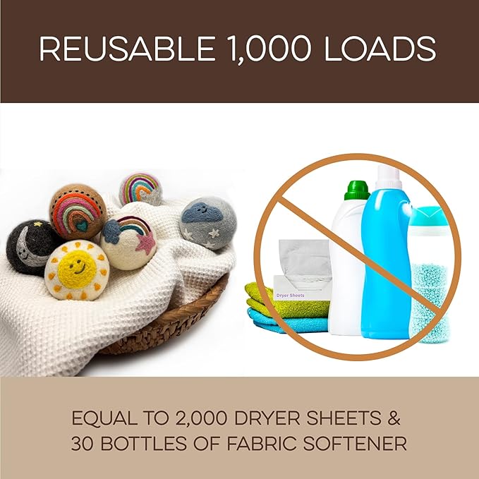 Fluff Ewes Wool Dryer Balls 6 Pack Premium New Zealand Wool Laundry Balls for Dryer, No Static Dryer Balls Laundry Reusable, XL Wool Dryer Balls Cute, Baby Dryer Balls for Dryers - Rainbow or Shine