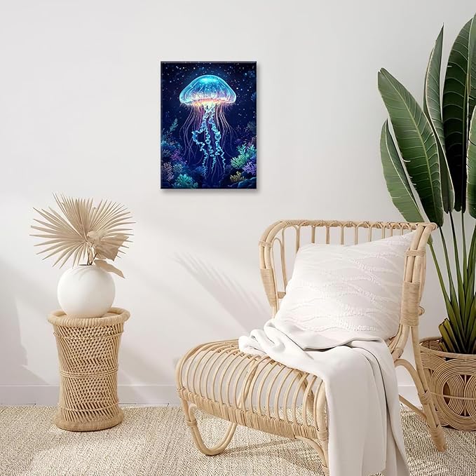 Ocean Jellyfish Wall Art Canvas Coral Fish Wall Decor Prints Framed Painting Underwater Pictures Gifts Artwork for Bathroom Living Dining 16"x20"