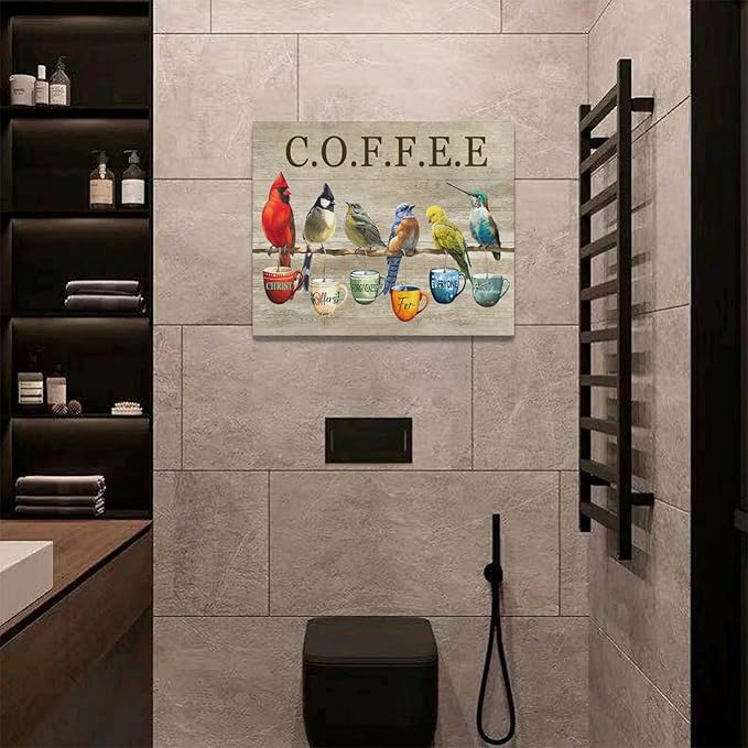 Rustic Bird Coffee Wall Art Kitchen Christ Coffee Pictures Wall Decor Farmhouse Cardinal Hummingbird Canvas Print Painting Artwork for Coffee Bar Living Room Bedroom 16"x20"