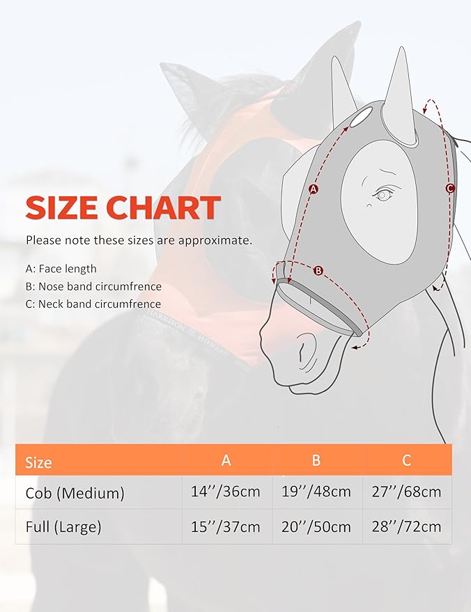 Harrison Howard Horse Fly Mask with Forelock Opening Stretch Breathable and Comfortable for Horses UV -Protection Orange M