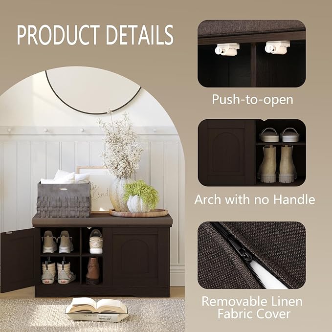 DINZI LVJ Shoe Bench, Entryway Storage Bench with Doors, Cushion, 2-Tier Shoe Rack with 6-Cubby, 31.5”L x 13.8”W Shoe Organizer Cabinet, Adjustable Shelf, Living Room, Bedroom, Espresso