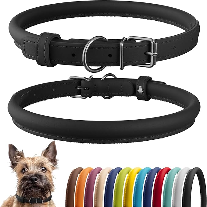 CollarDirect Rolled Leather Dog Collar, Soft Padded Round Puppy Collar, Handmade Genuine Leather Collar Dog Small Large Cat Collars 13 Colors (8-11 Inch, Black Smooth)
