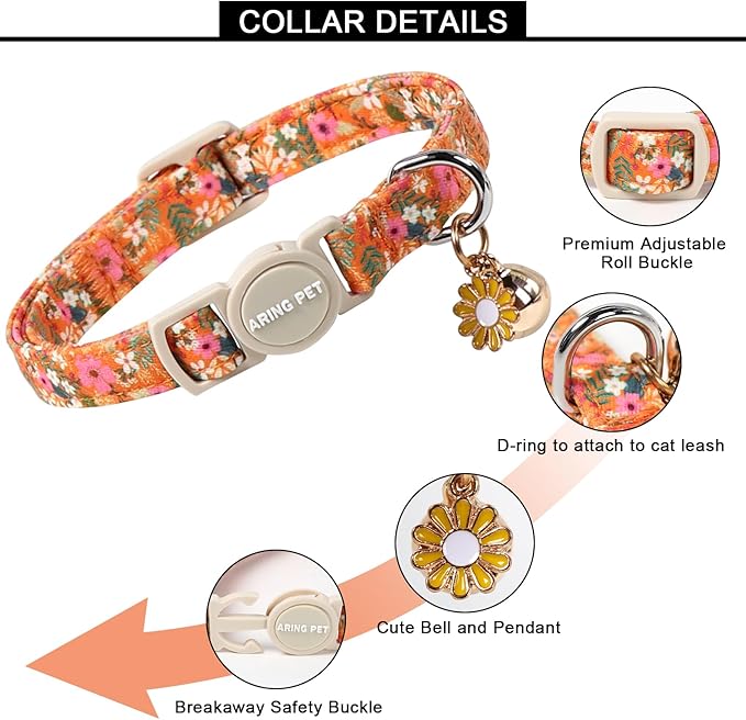 ARING PET 2 Pack Cat Collars, Breakaway Cotton Fall Halloween Kitten Collar with Bells for Girl Boy Cats Floral & Orange Plaid