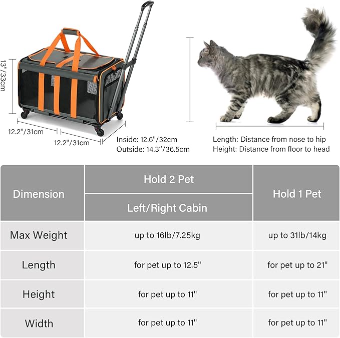 MILADA Large Cat Carrier for 2 Cats, Soft Big Pet Carrier with Wheels, Double Cat Carrier on Wheels, Rolling Pet Carrier for Travel Hiking Shopping and Camping(Not for Air Travel), Orange