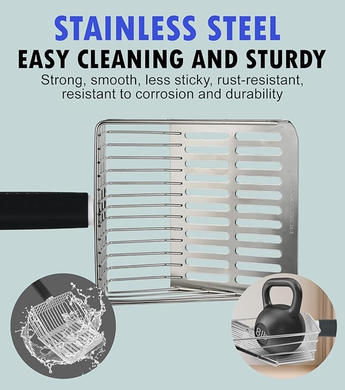Cat Litter Scoop, Solid and Durable Kitty Metal Scooper, Stainless Steel Sifter, Heavy Duty, for Litter Box, Black Rubber Handle, Included Stainless Steel Hook