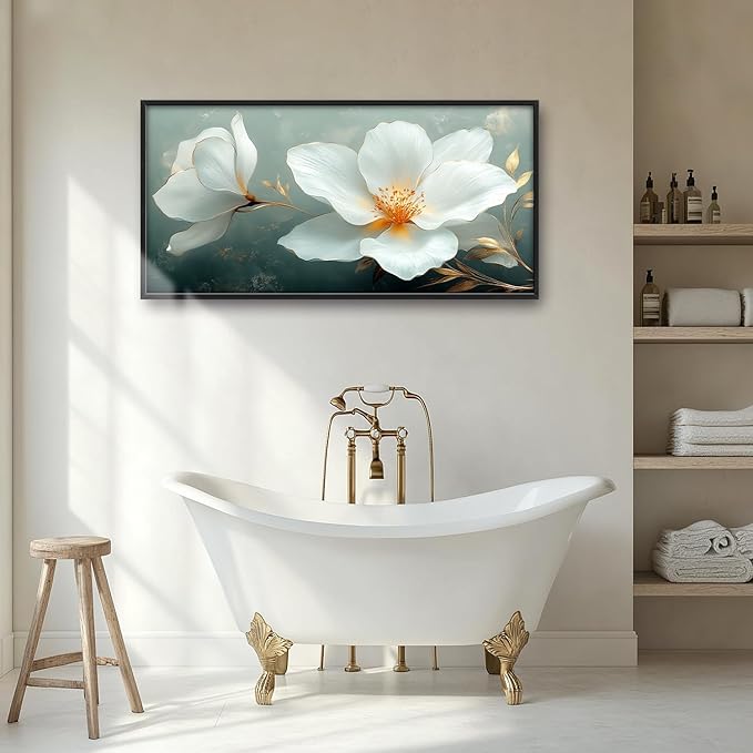 Large White Floral Wall Art for Living Room, Flower Canvas Oversized Wall Decor, Aesthetics Framed Pictures Painting Print Artwork for Bedroom Office 60L" x 30W"