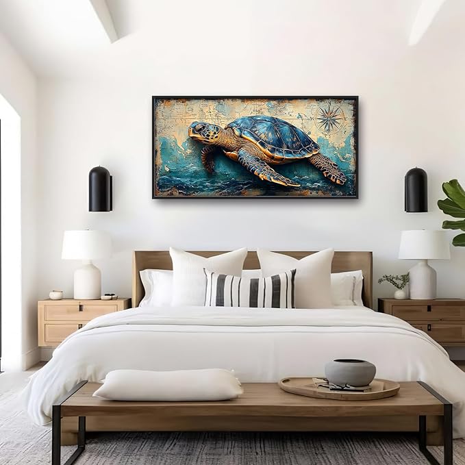 Large Nautical Turtle Wall Art for Living Room, Coastal Ocean Canvas Oversized Wall Decor, Beach Aesthetics Framed Pictures Painting Print Artwork for Bedroom Office 60L" x 30W"