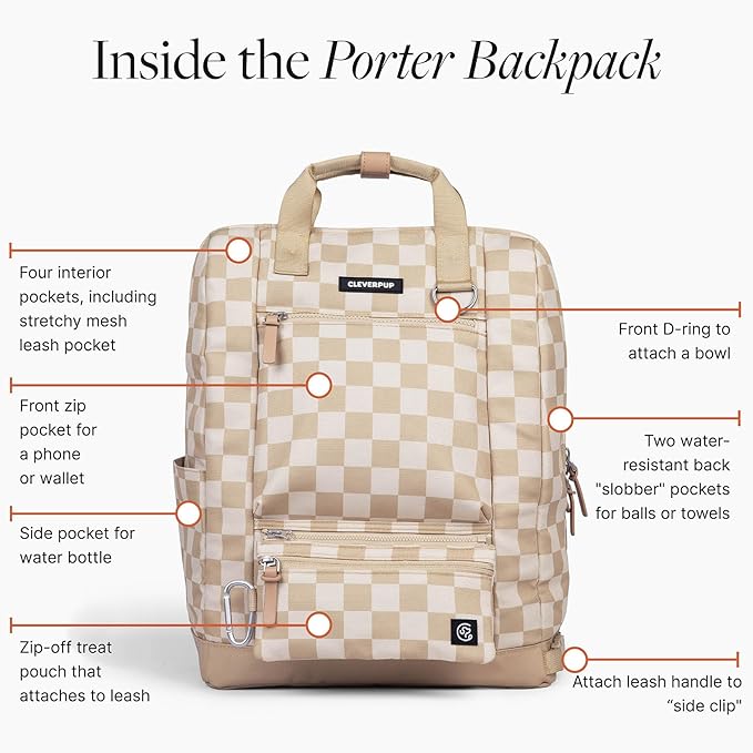 Porter 2-in-1 Dog Gear Backpack – Premium Dog Travel Bag with 10 Pockets, Zip-Off Treat Pouch, Leash Clip, Waterproof Pockets & Water Bottle Holder – Weekend, Hiking, Camping, Checkerboard